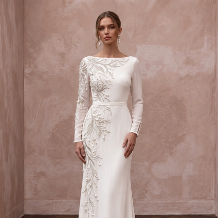 Modest Soft Ivory Georgette Bateau Neck Long Sleeve Sheath Dress