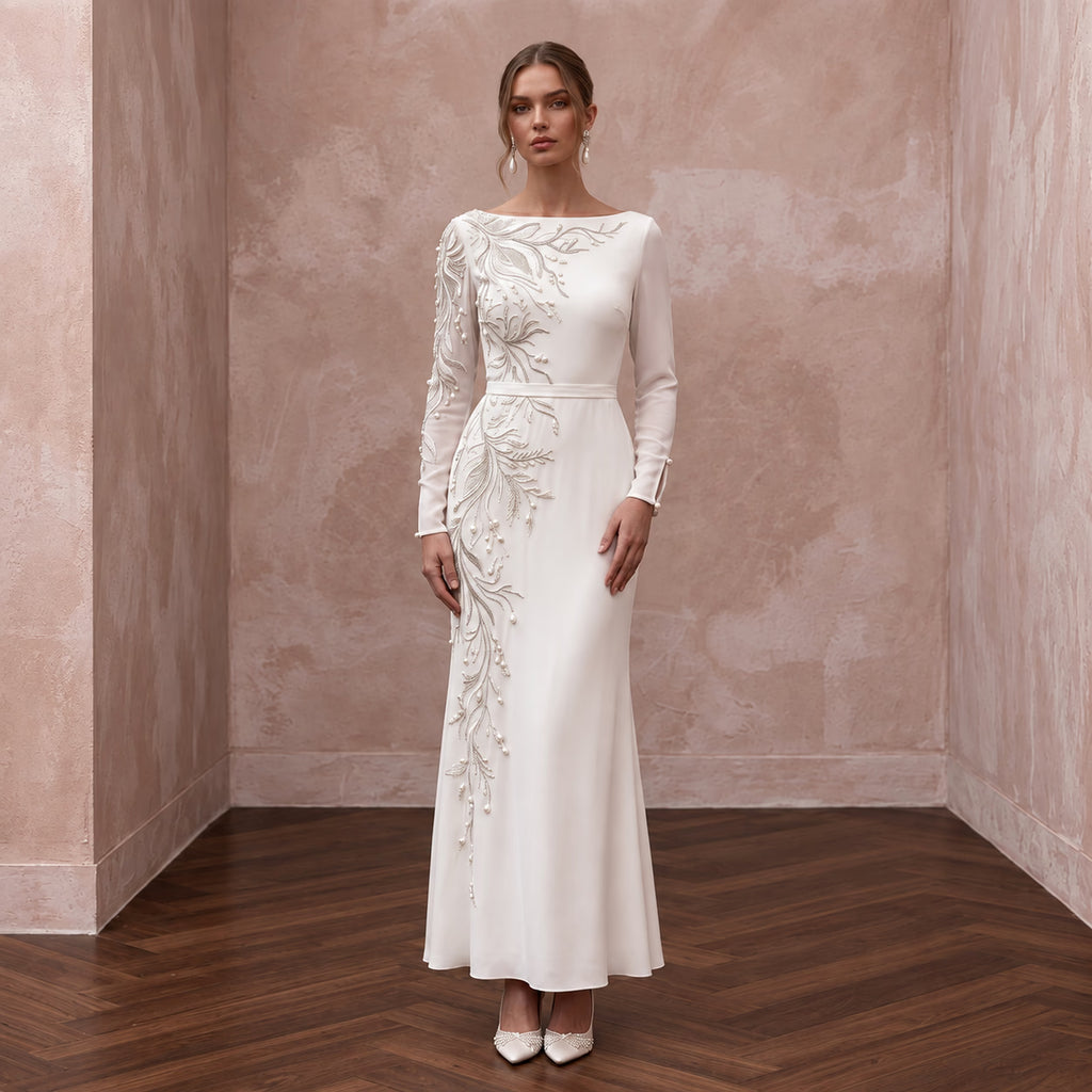 Modest Soft Ivory Georgette Bateau Neck Long Sleeve Sheath Dress