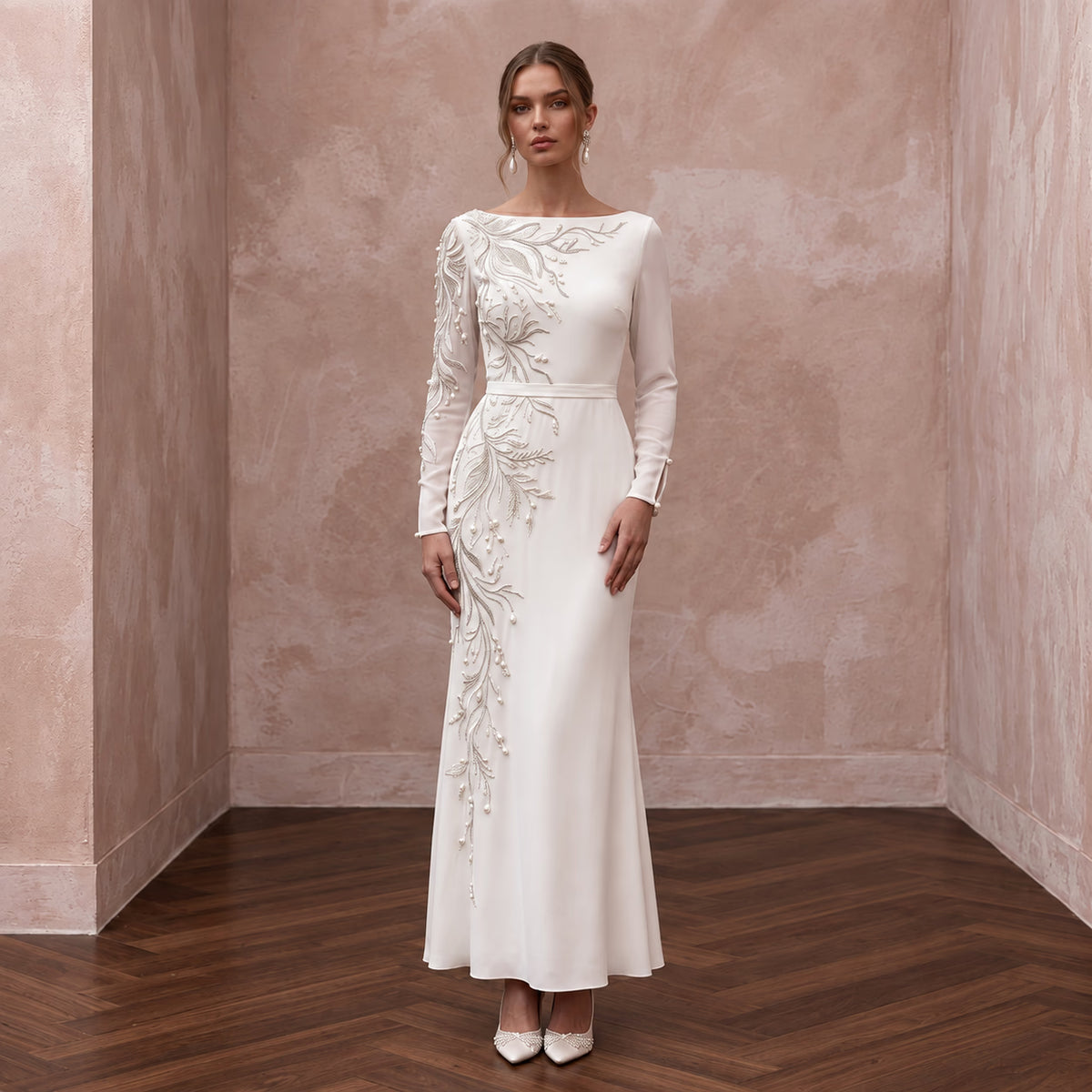 Modest Soft Ivory Georgette Bateau Neck Long Sleeve Sheath Dress
