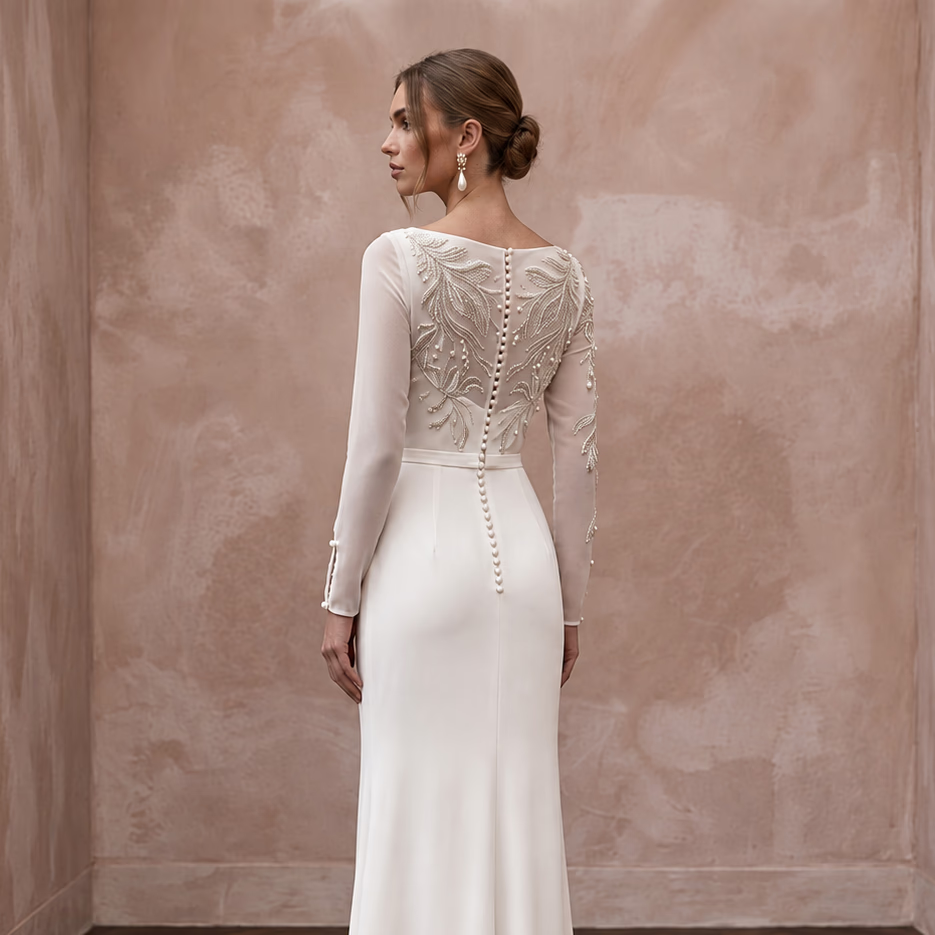 Modest Soft Ivory Georgette Bateau Neck Long Sleeve Sheath Dress