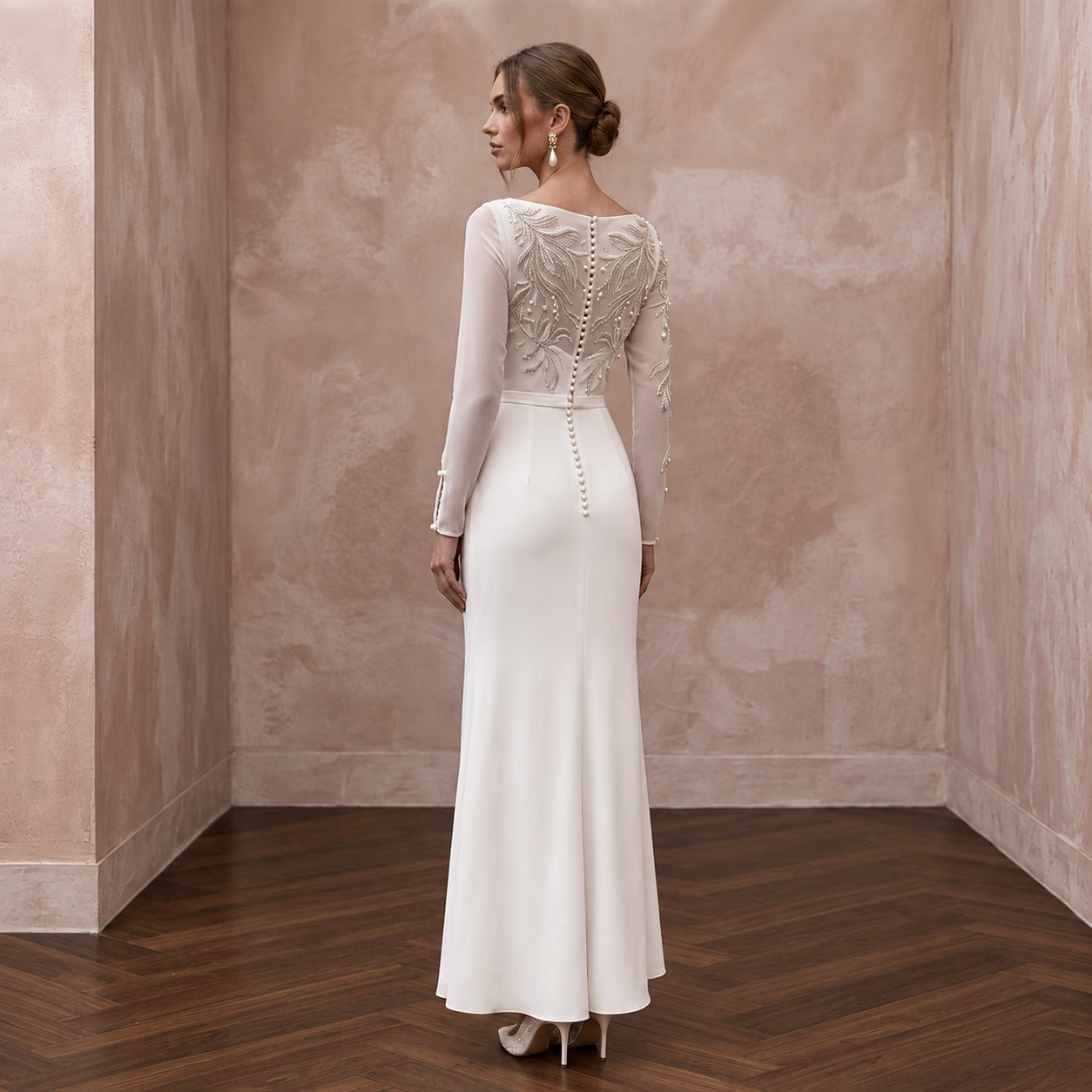 Modest Soft Ivory Georgette Bateau Neck Long Sleeve Sheath Dress Secondary image