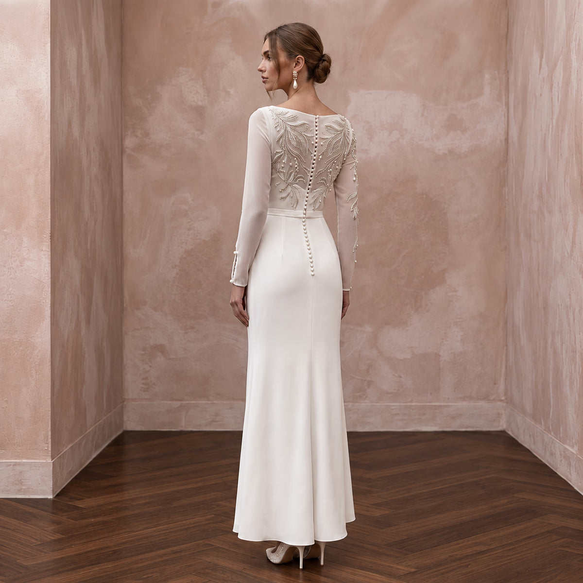 Modest Soft Ivory Georgette Bateau Neck Long Sleeve Sheath Dress