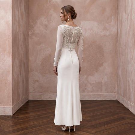 Modest Soft Ivory Georgette Bateau Neck Long Sleeve Sheath Dress