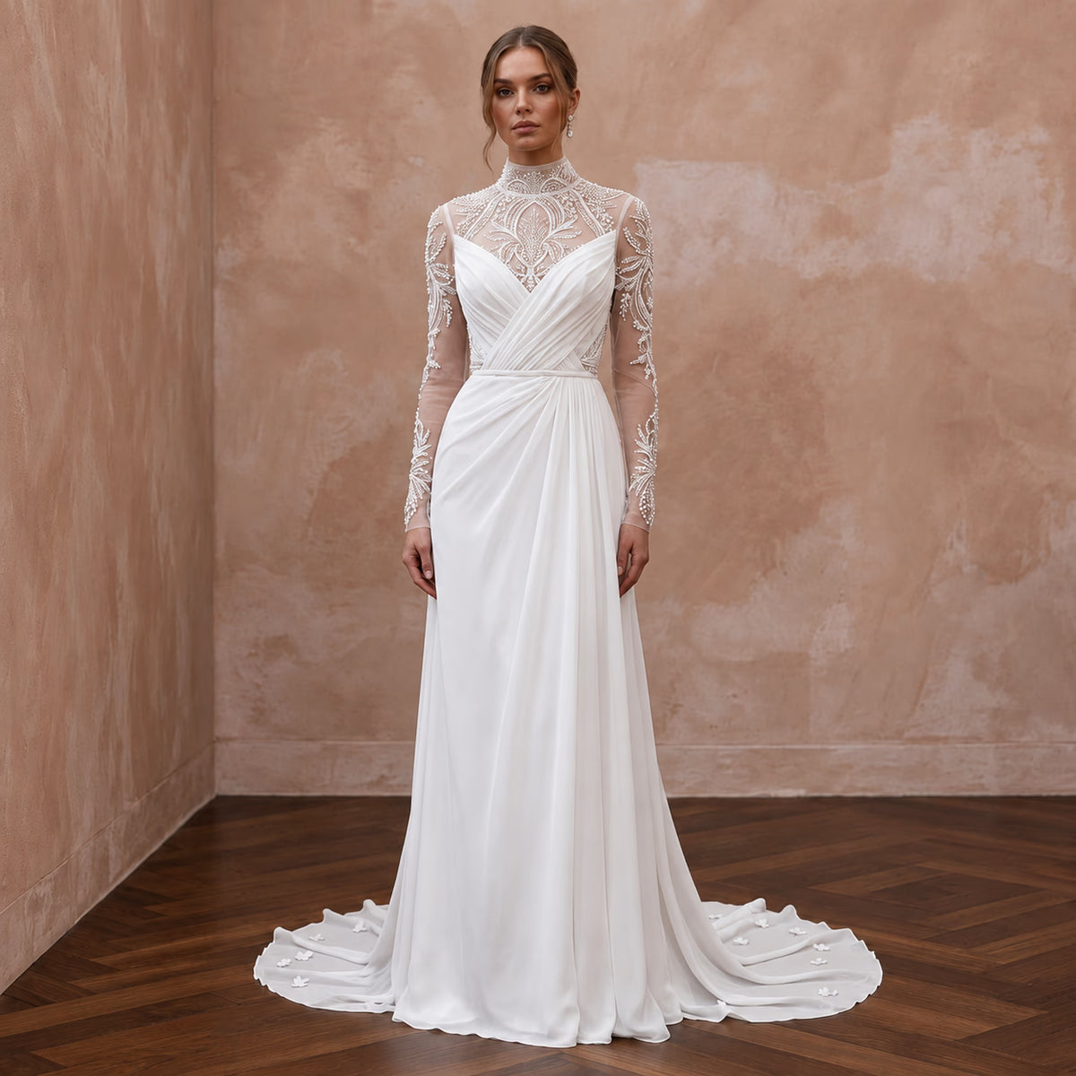 Modest Soft White Chiffon High Neck Long Sleeve Bridal Dress - Apparel & Accessories > Clothing > Wedding & Bridal Party Dresses > Wedding Dresses - Mignonette Bridal Main image