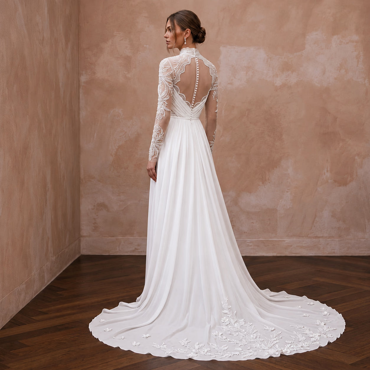 Modest Soft White Chiffon High Neck Long Sleeve Bridal Dress Secondary image