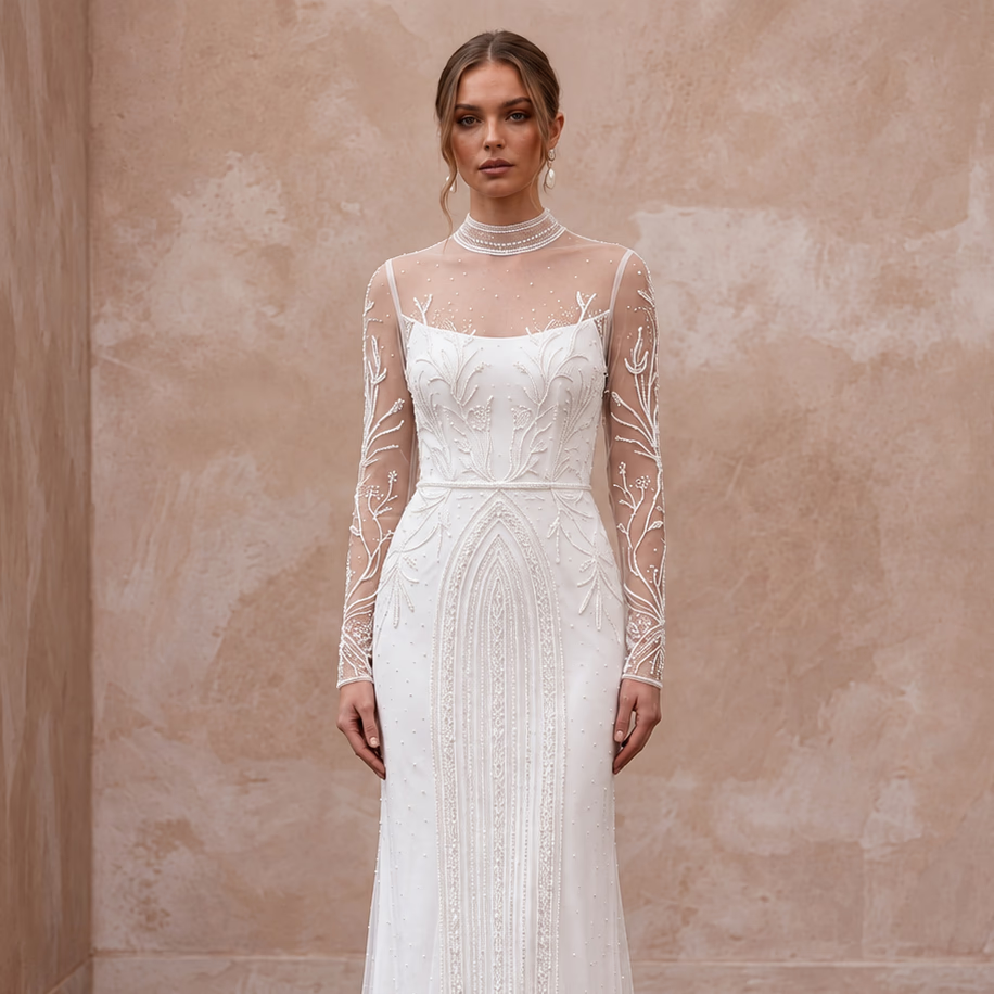Modest Soft White Tulle Overlay High Neck Column Bridal Dress