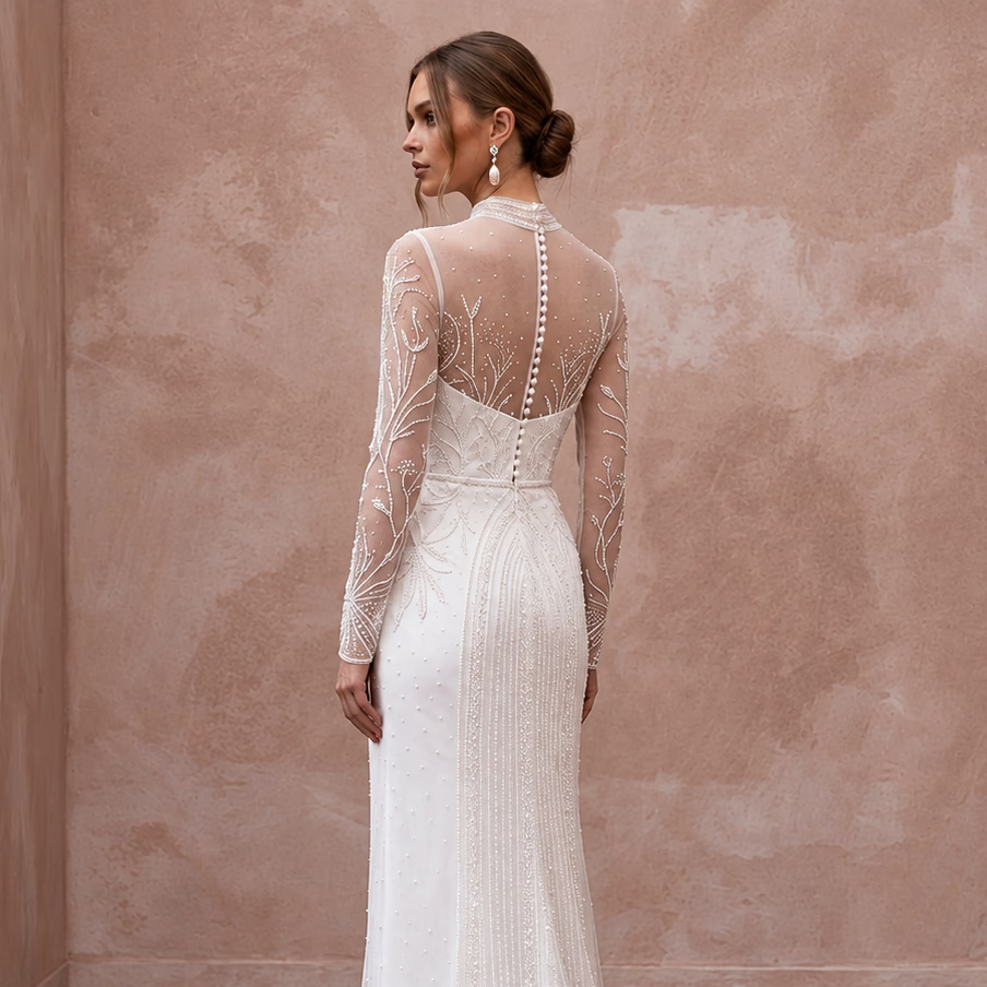 Modest Soft White Tulle Overlay High Neck Column Bridal Dress