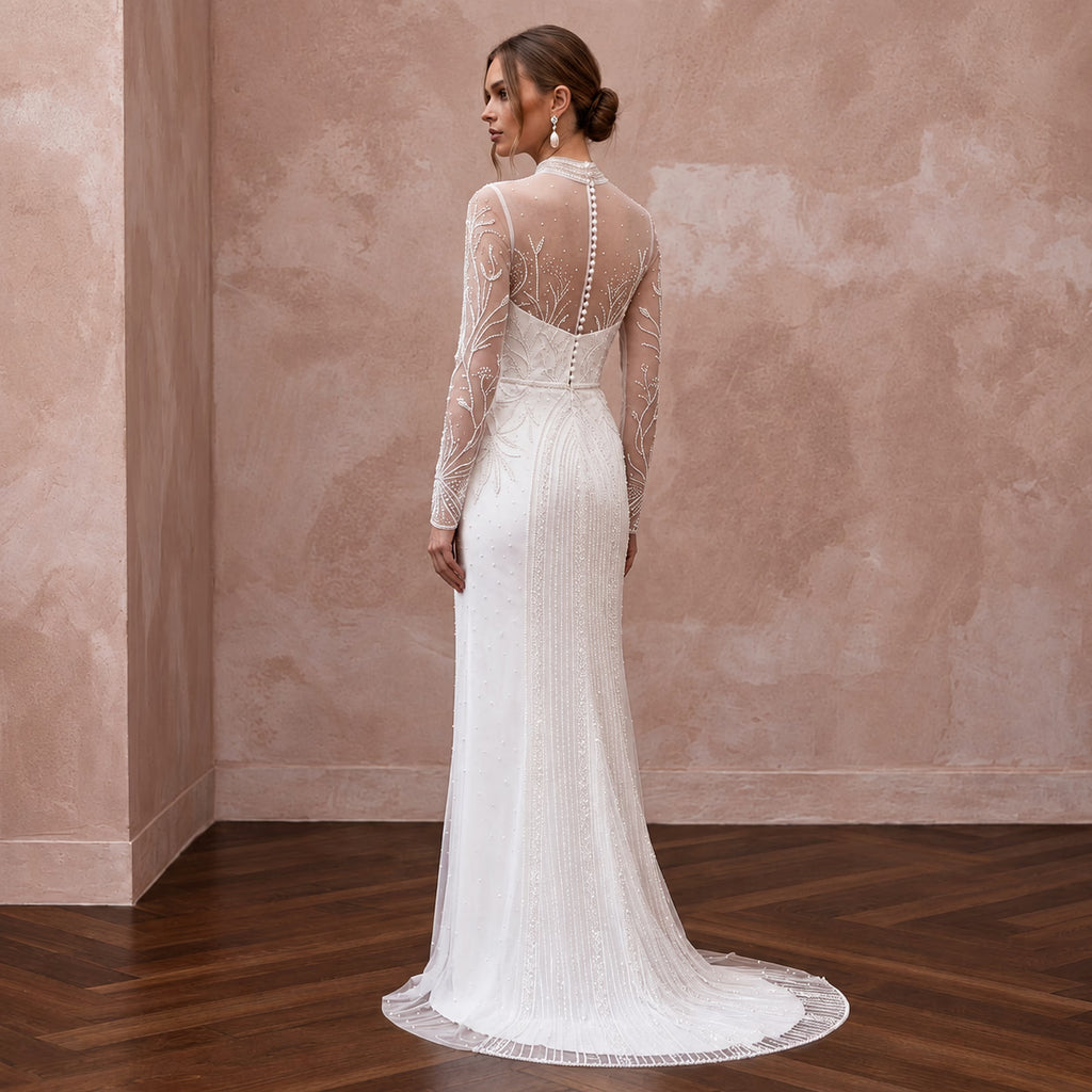 Modest Soft White Tulle Overlay High Neck Column Bridal Dress