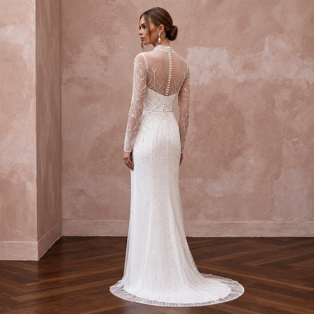 Modest Soft White Tulle Overlay High Neck Column Bridal Dress