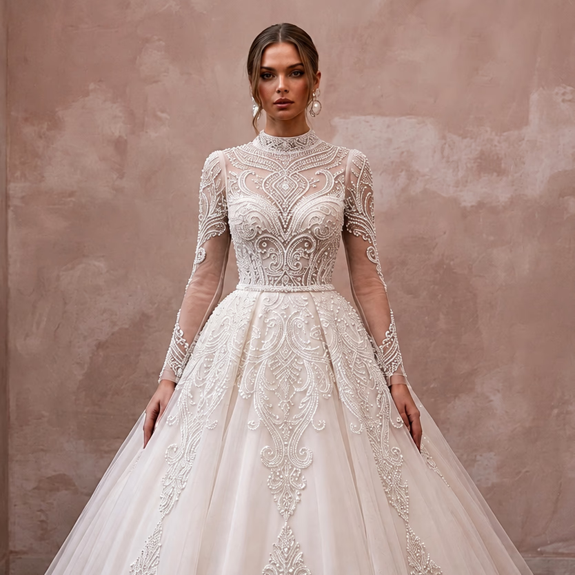 Modest Tulle Ball Gown Wedding Dress with Long Sleeves - Apparel & Accessories > Clothing > Wedding & Bridal Party Dresses > Wedding Dresses - Mignonette Bridal