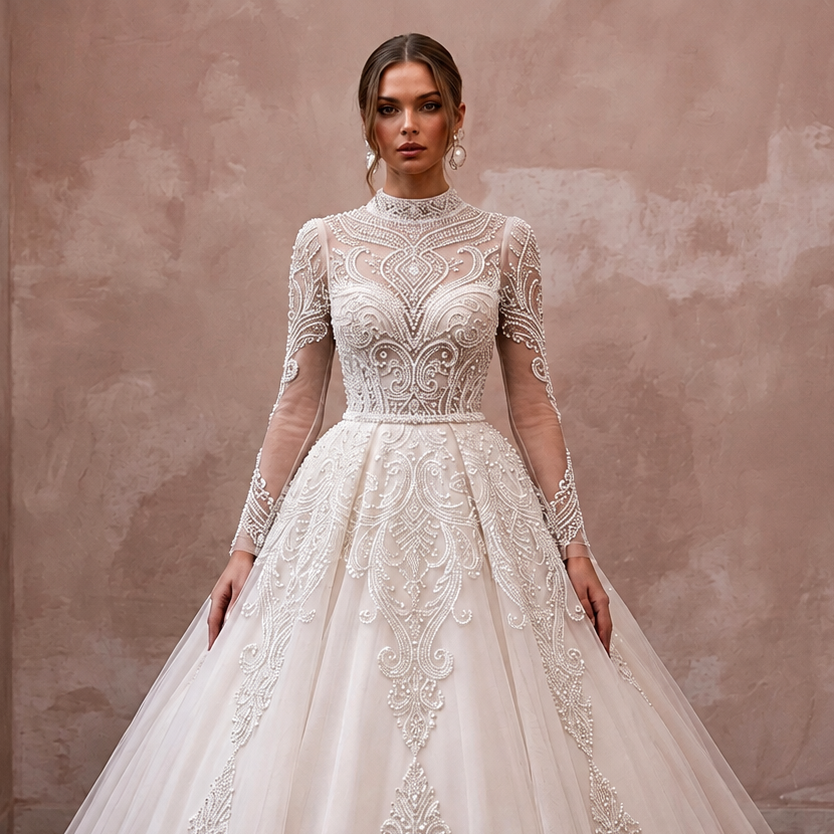 Modest Tulle Ball Gown Wedding Dress with Long Sleeves