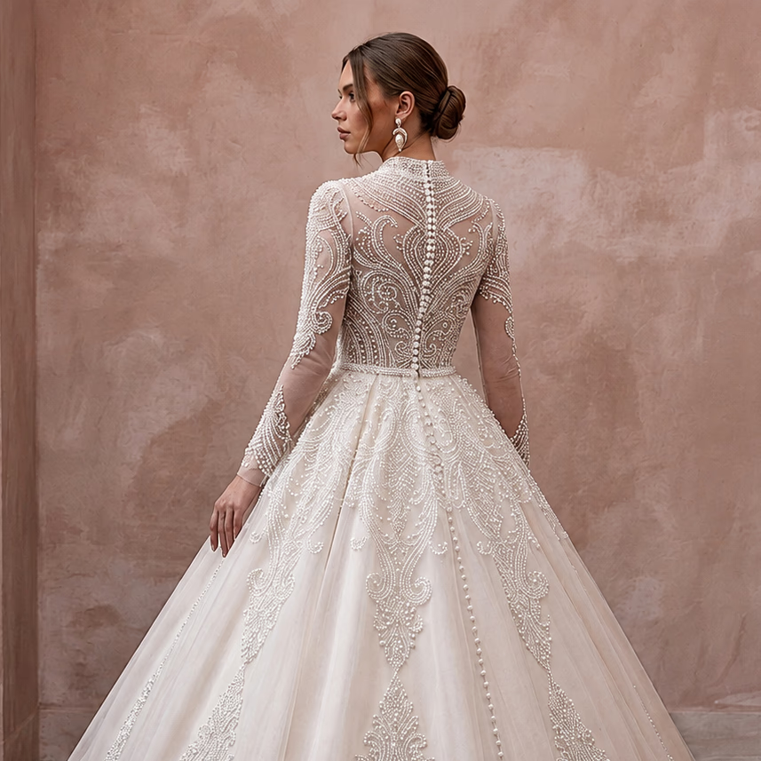 Modest Tulle Ball Gown Wedding Dress with Long Sleeves - Apparel & Accessories > Clothing > Wedding & Bridal Party Dresses > Wedding Dresses - Mignonette Bridal