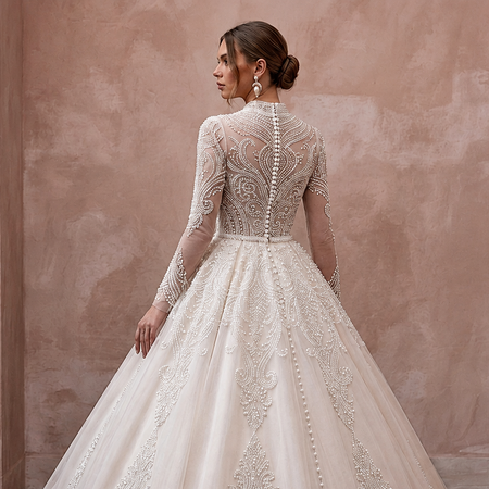 Modest Tulle Ball Gown Wedding Dress with Long Sleeves