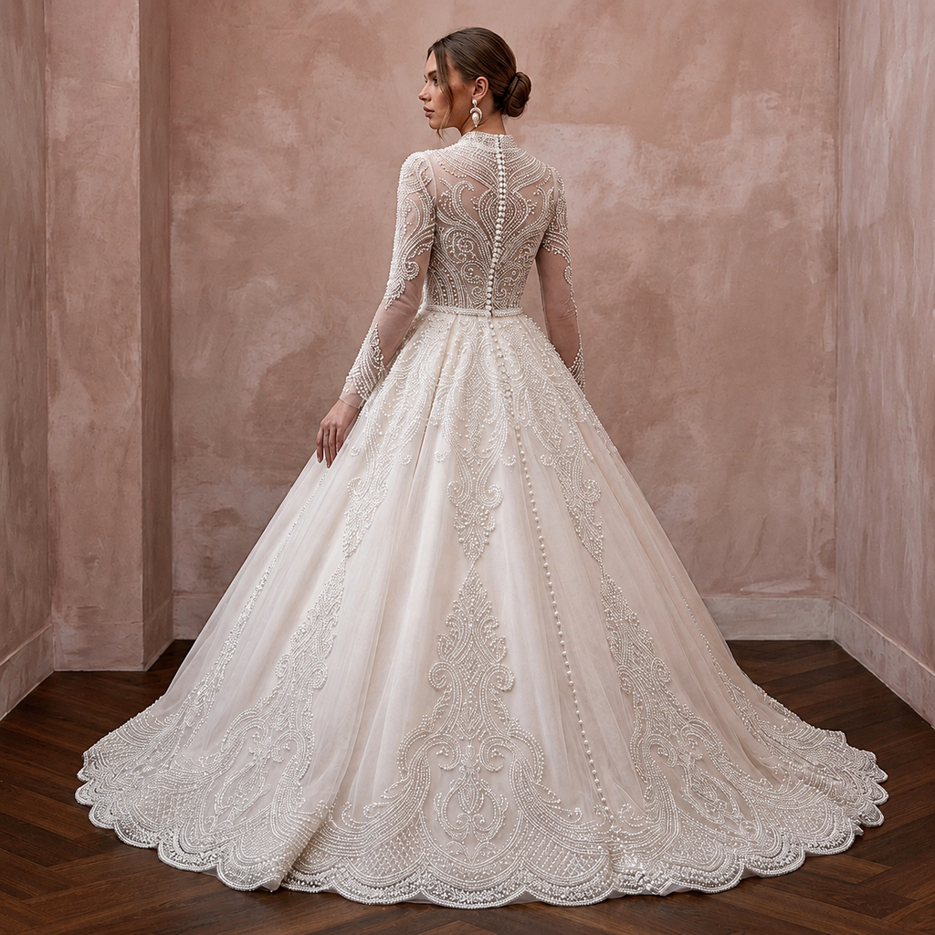 Modest Tulle Ball Gown Wedding Dress with Long Sleeves