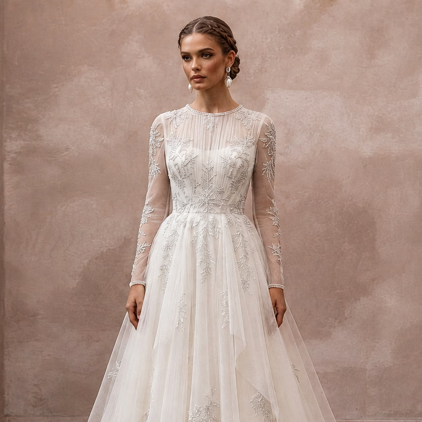 Modest Tulle Wedding Dress for a Winter Ceremony