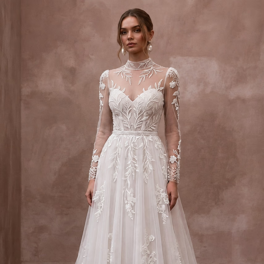 Modest Tulle Wedding Dress with Long Sleeves and High Neck
