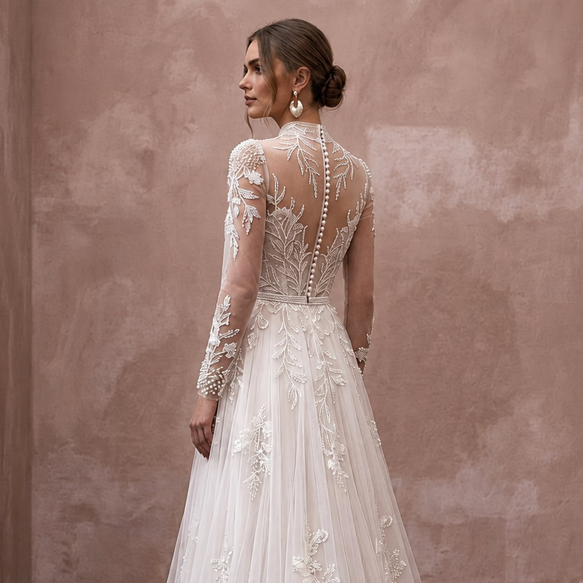 Modest Tulle Wedding Dress with Long Sleeves and High Neck
