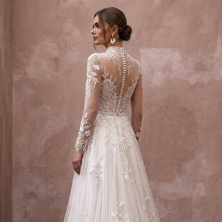 Modest Tulle Wedding Dress with Long Sleeves and High Neck