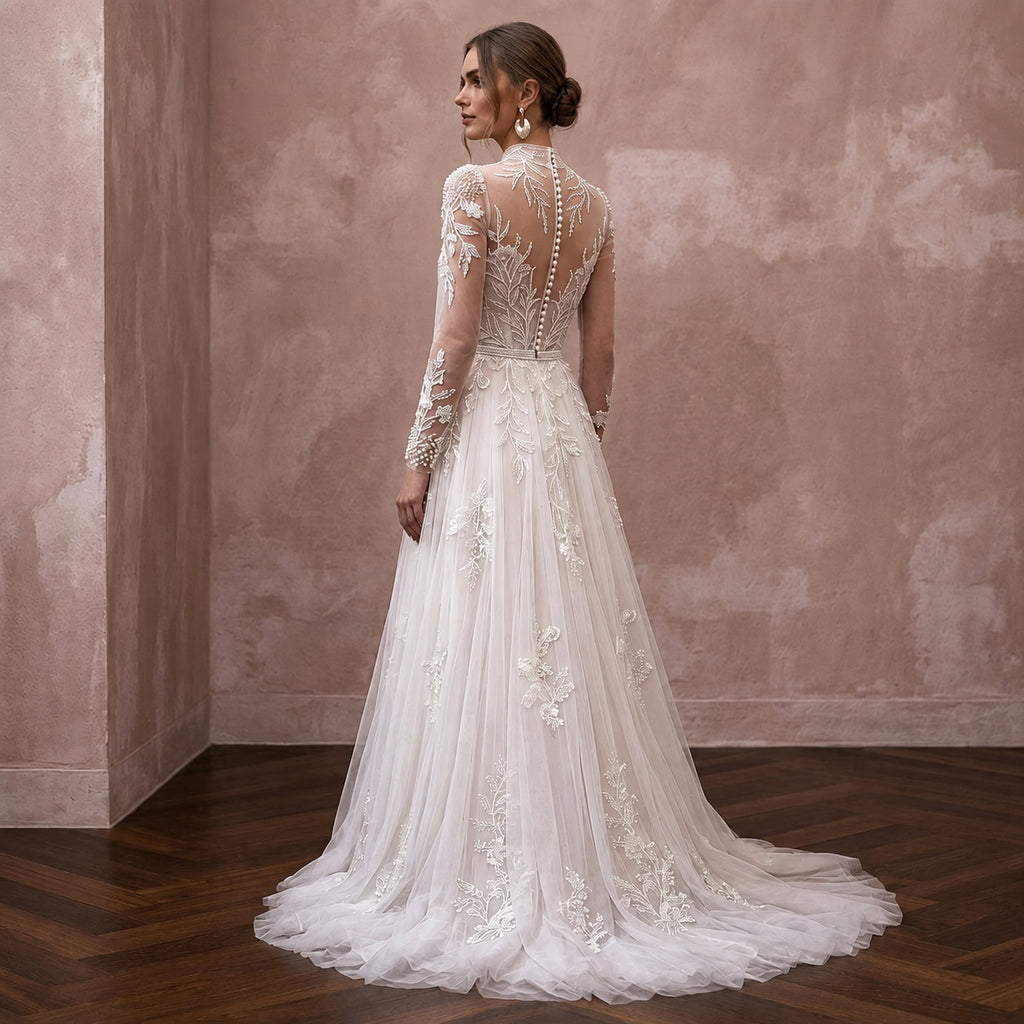 Modest Tulle Wedding Dress with Long Sleeves and High Neck