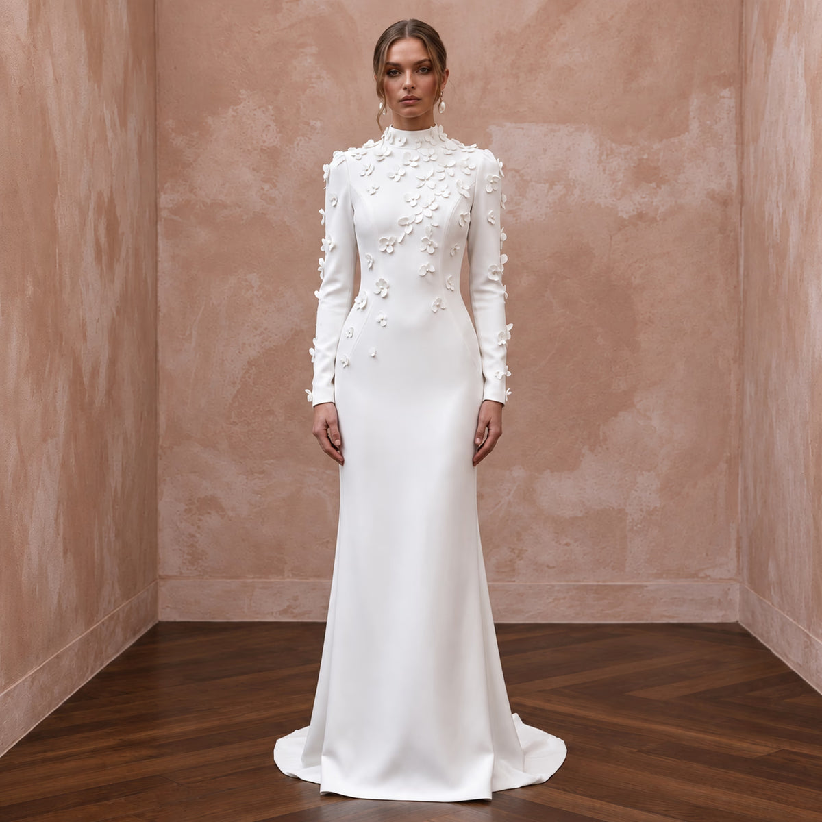 Modest White Crepe Long Sleeve Column Dress with Modest Neckline - Apparel & Accessories > Clothing > Wedding & Bridal Party Dresses > Wedding Dresses - Mignonette Bridal Main image
