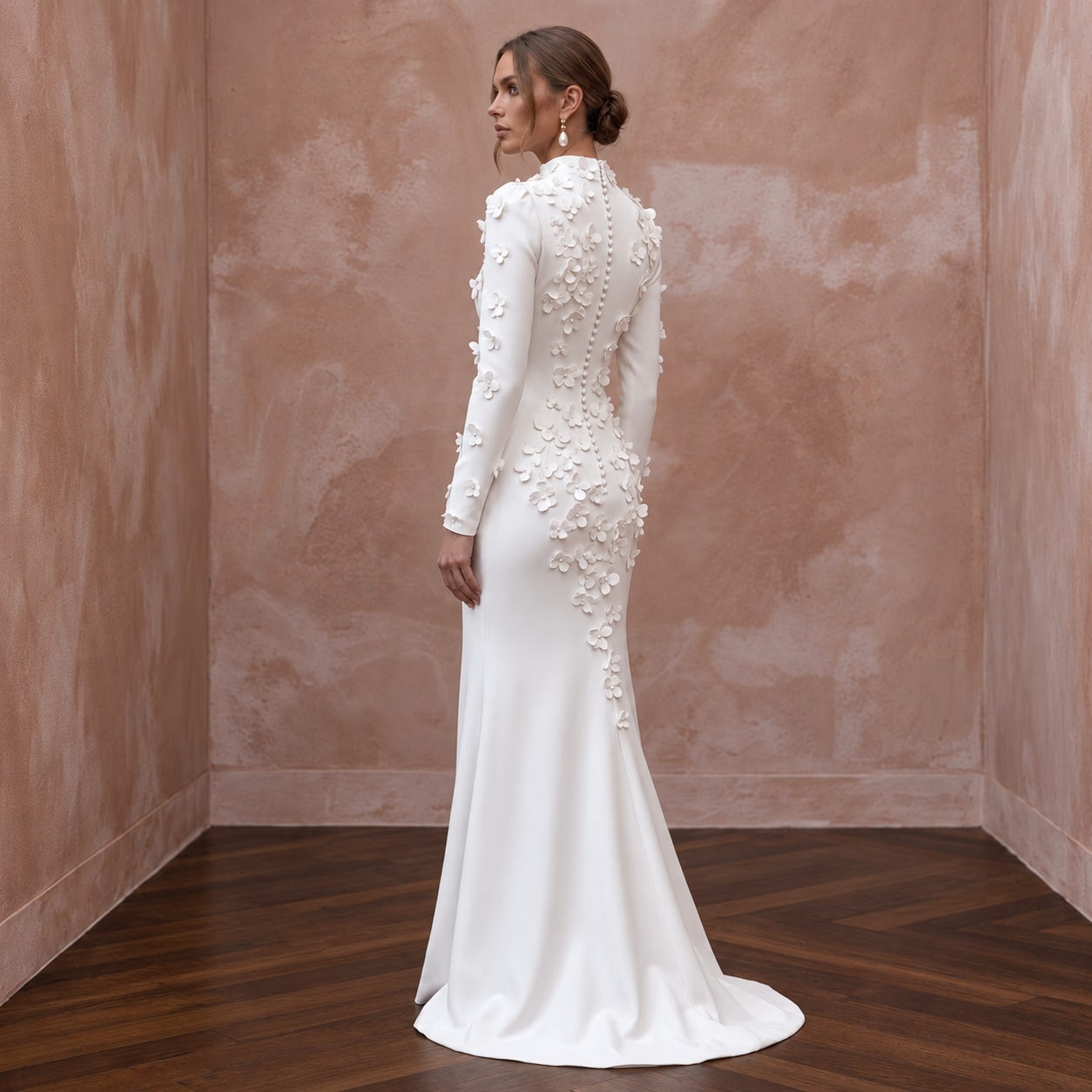 Modest White Crepe Long Sleeve Column Dress with Modest Neckline Secondary image