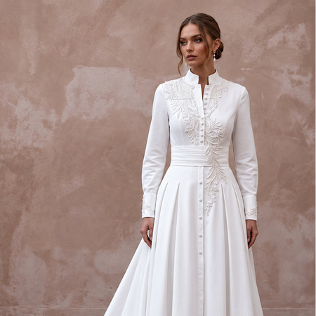 Monastic White Cotton Poplin Shirt Bridal Dress for Picnic Reception