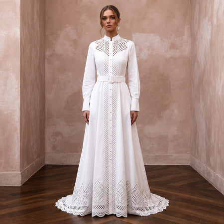 Monastic White Cotton Poplin Shirt Dress for Picnic Reception - Apparel & Accessories > Clothing > Wedding & Bridal Party Dresses > Wedding Dresses - Mignonette Bridal