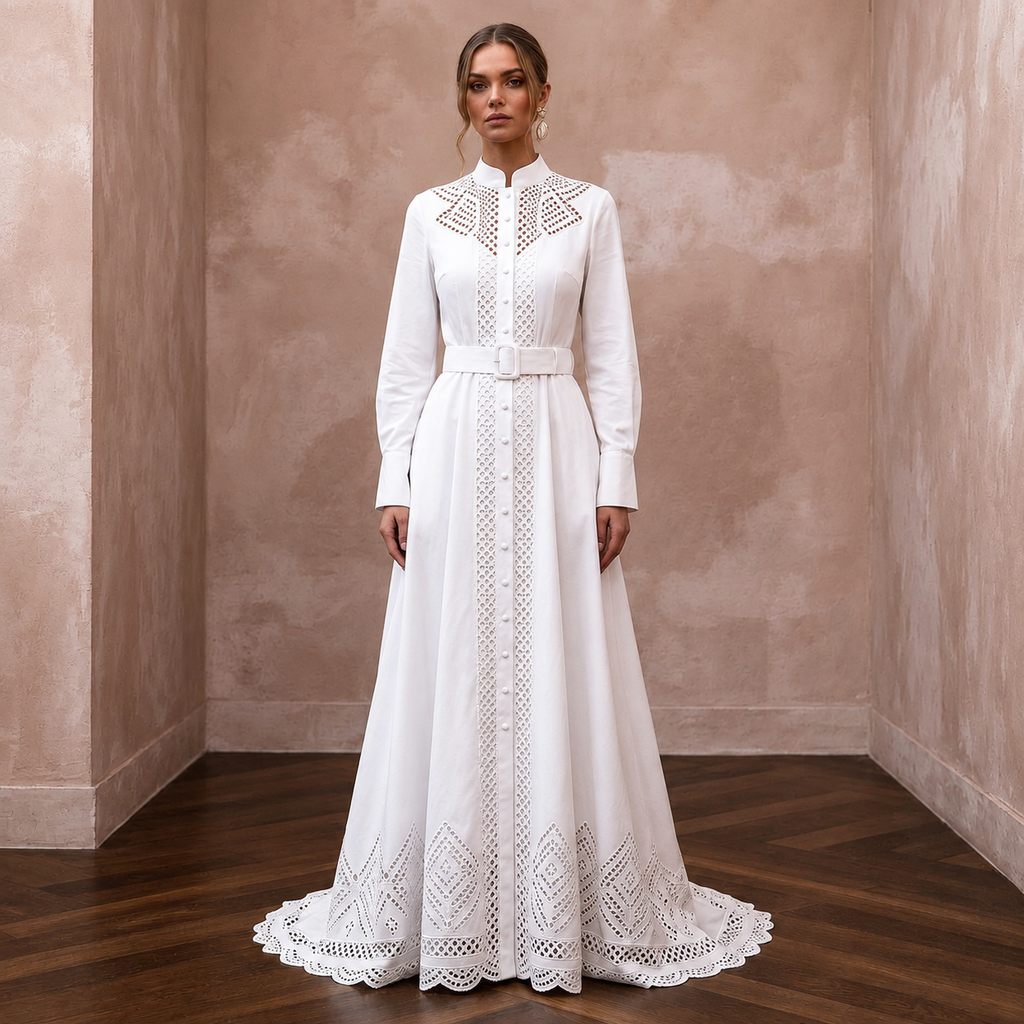 Monastic White Cotton Poplin Shirt Dress for Picnic Reception