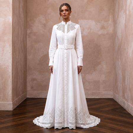 Monastic White Cotton Poplin Shirt Dress for Picnic Reception