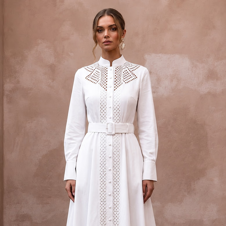 Monastic White Cotton Poplin Shirt Dress for Picnic Reception - Apparel & Accessories > Clothing > Wedding & Bridal Party Dresses > Wedding Dresses - Mignonette Bridal