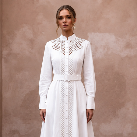 Monastic White Cotton Poplin Shirt Dress for Picnic Reception