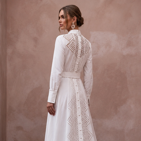 Monastic White Cotton Poplin Shirt Dress for Picnic Reception