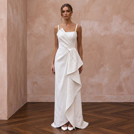 Monochrome White Linen Shift Bridal Dress for Rehearsal Brunch