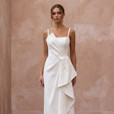Monochrome White Linen Shift Bridal Dress for Rehearsal Brunch