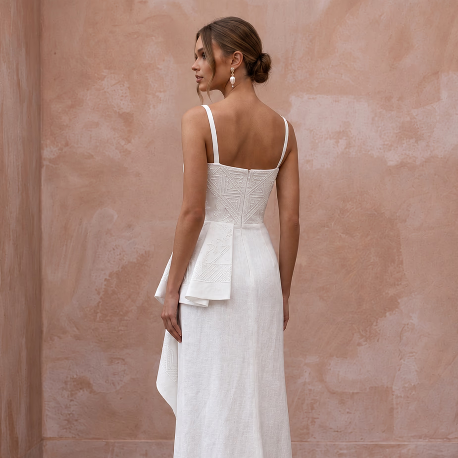 Monochrome White Linen Shift Bridal Dress for Rehearsal Brunch