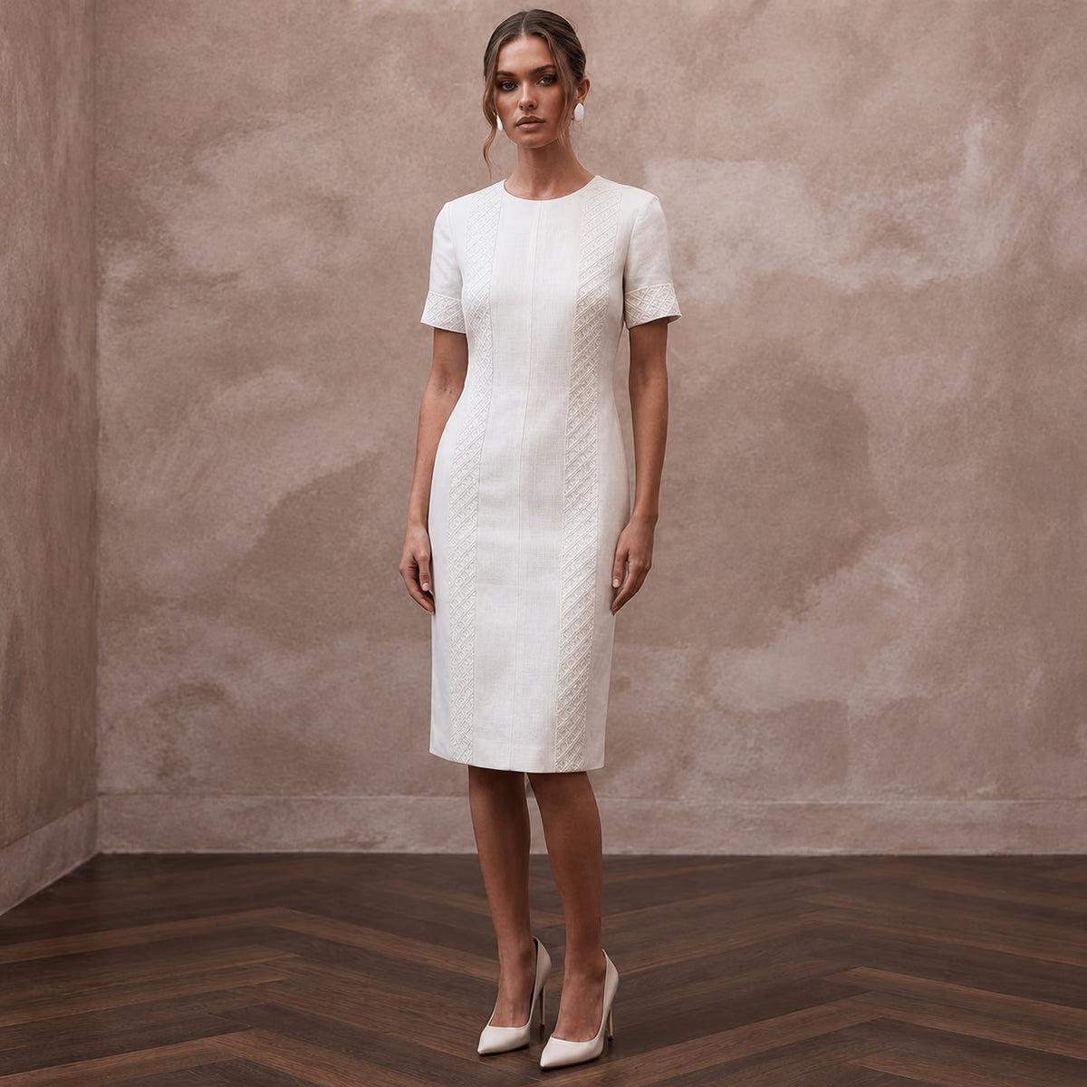 Monochrome White Linen Shift Dress for Rehearsal Brunch - Apparel & Accessories > Clothing > Wedding & Bridal Party Dresses > Wedding Dresses - Mignonette Bridal Main image