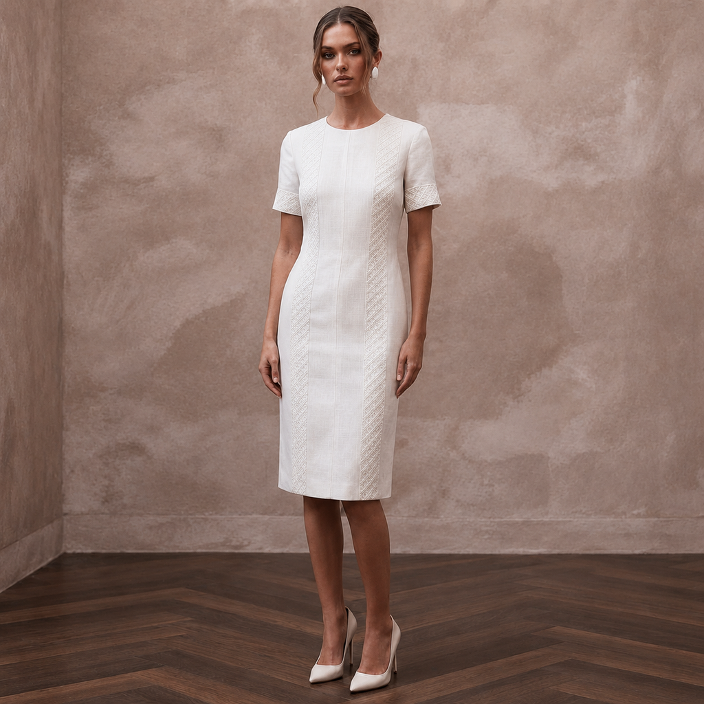 Monochrome White Linen Shift Dress for Rehearsal Brunch