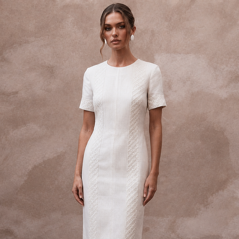 Monochrome White Linen Shift Dress for Rehearsal Brunch