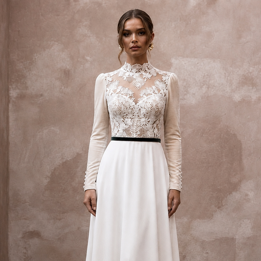 Mountain Wedding Dresses with Cozy Velvet Sleeves
