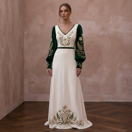 Mountain Wedding Dresses with Velvet Sleeve Details - Apparel & Accessories > Clothing > Wedding & Bridal Party Dresses > Wedding Dresses - Mignonette Bridal