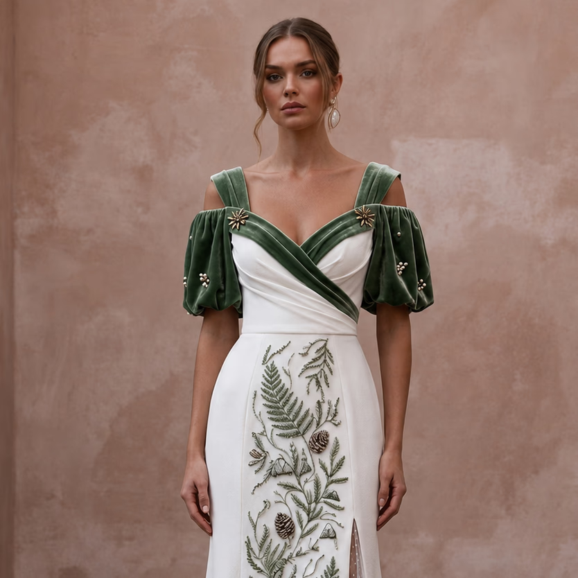 Mountain Wedding Dresses with Velvet Sleeve Details - Apparel & Accessories > Clothing > Wedding & Bridal Party Dresses > Wedding Dresses - Mignonette Bridal