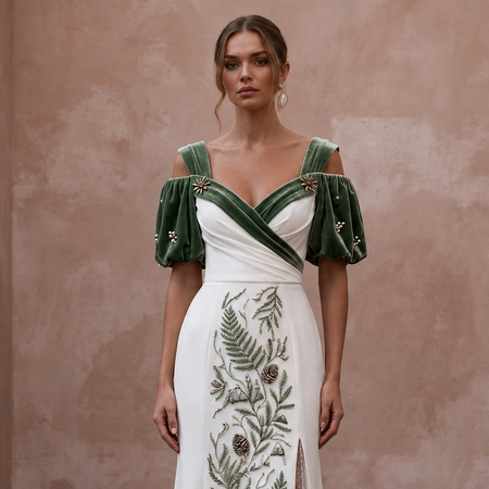 Mountain Wedding Dresses with Velvet Sleeve Details - Apparel & Accessories > Clothing > Wedding & Bridal Party Dresses > Wedding Dresses - Mignonette Bridal