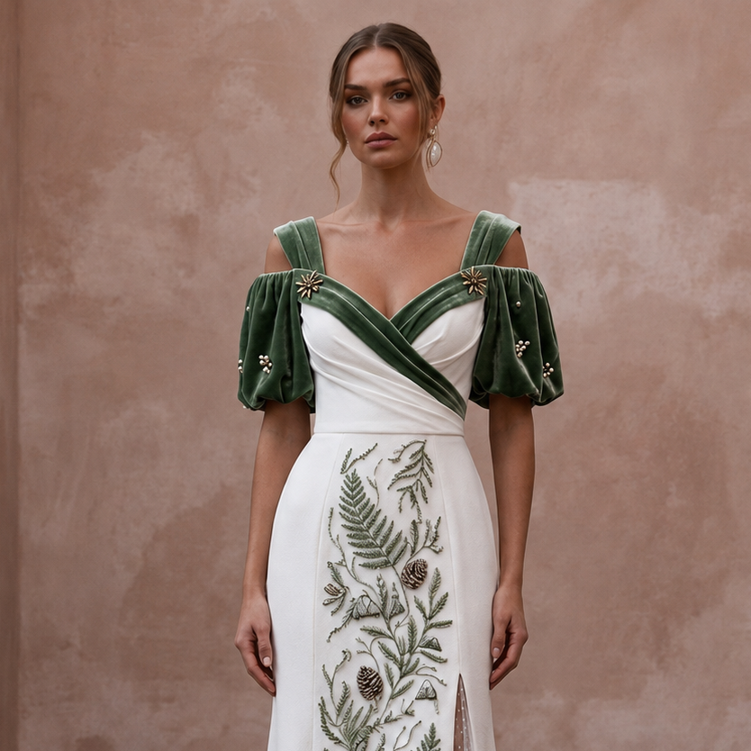 Mountain Wedding Dresses with Velvet Sleeve Details