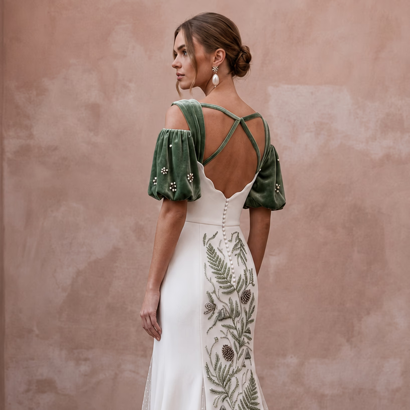 Mountain Wedding Dresses with Velvet Sleeve Details - Apparel & Accessories > Clothing > Wedding & Bridal Party Dresses > Wedding Dresses - Mignonette Bridal
