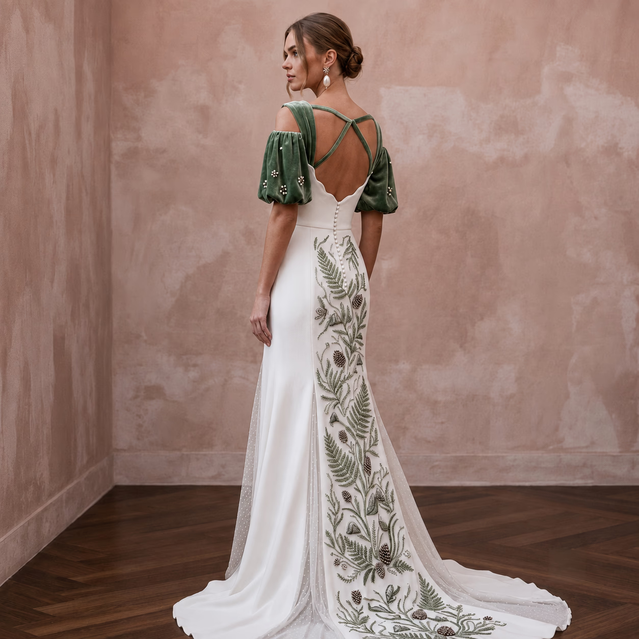 Mountain Wedding Dresses with Velvet Sleeve Details - Apparel & Accessories > Clothing > Wedding & Bridal Party Dresses > Wedding Dresses - Mignonette Bridal