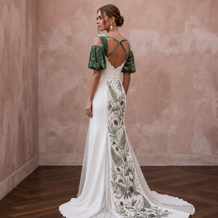 Mountain Wedding Dresses with Velvet Sleeve Details - Apparel & Accessories > Clothing > Wedding & Bridal Party Dresses > Wedding Dresses - Mignonette Bridal