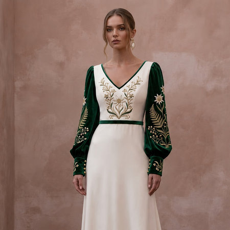 Mountain Wedding Dresses with Velvet Sleeve Details - Apparel & Accessories > Clothing > Wedding & Bridal Party Dresses > Wedding Dresses - Mignonette Bridal