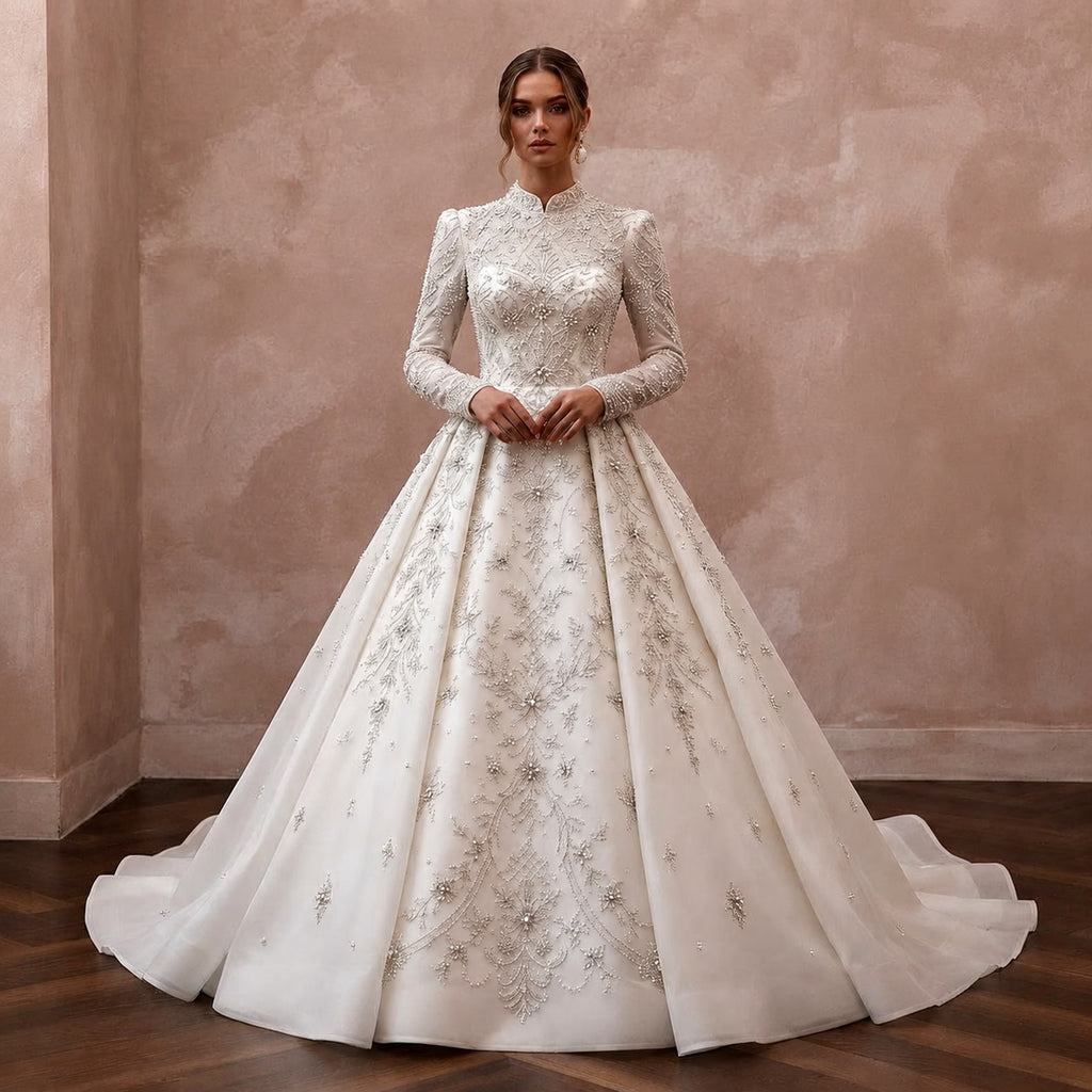 Muslim Beaded Wedding Dress with Long Sleeves and A-Line Silhouette
