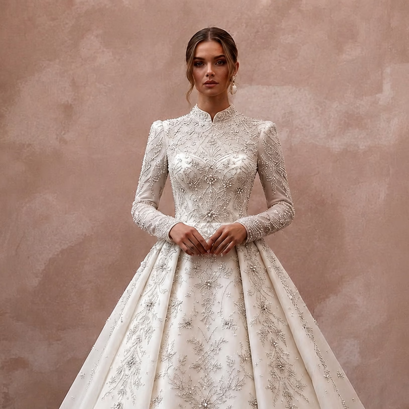 Muslim Beaded Wedding Dress with Long Sleeves and A-Line Silhouette