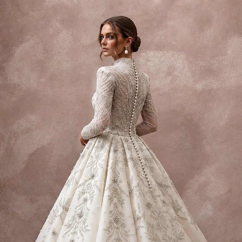 Muslim Beaded Wedding Dress with Long Sleeves and A-Line Silhouette